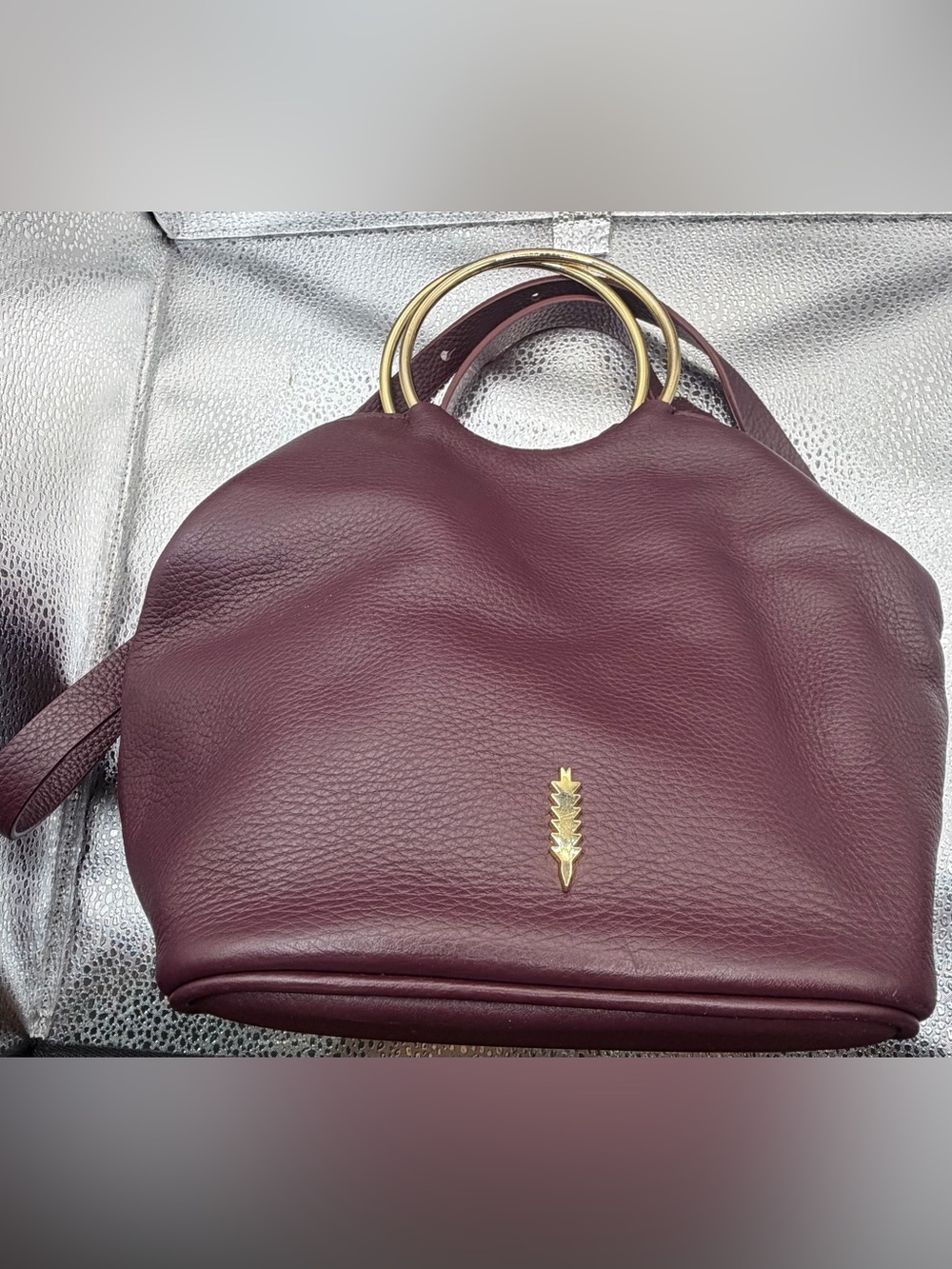 Thacker New York Bonnie O gold handle bucket Crossbody Purse burgundy Leather